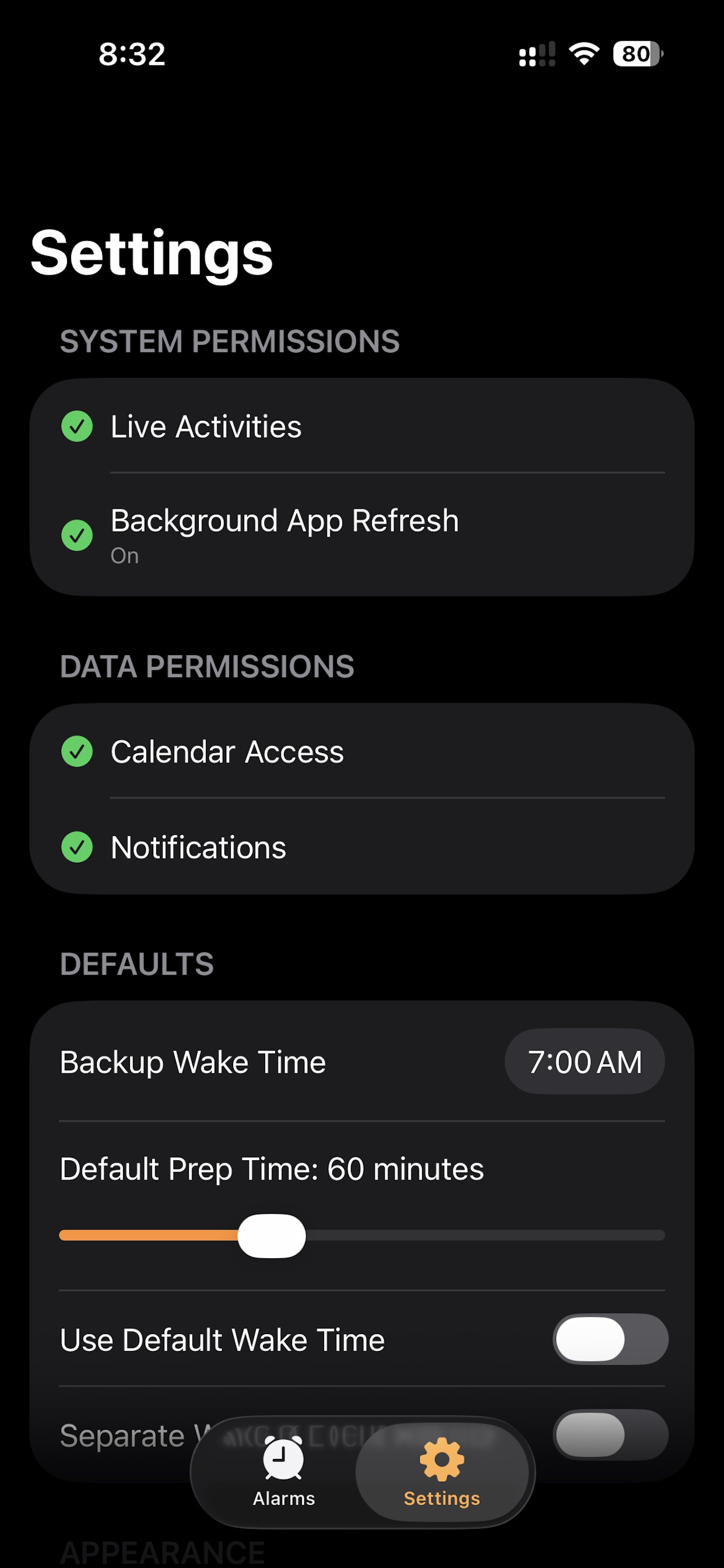 Settings screen showing permissions and a few defaults
