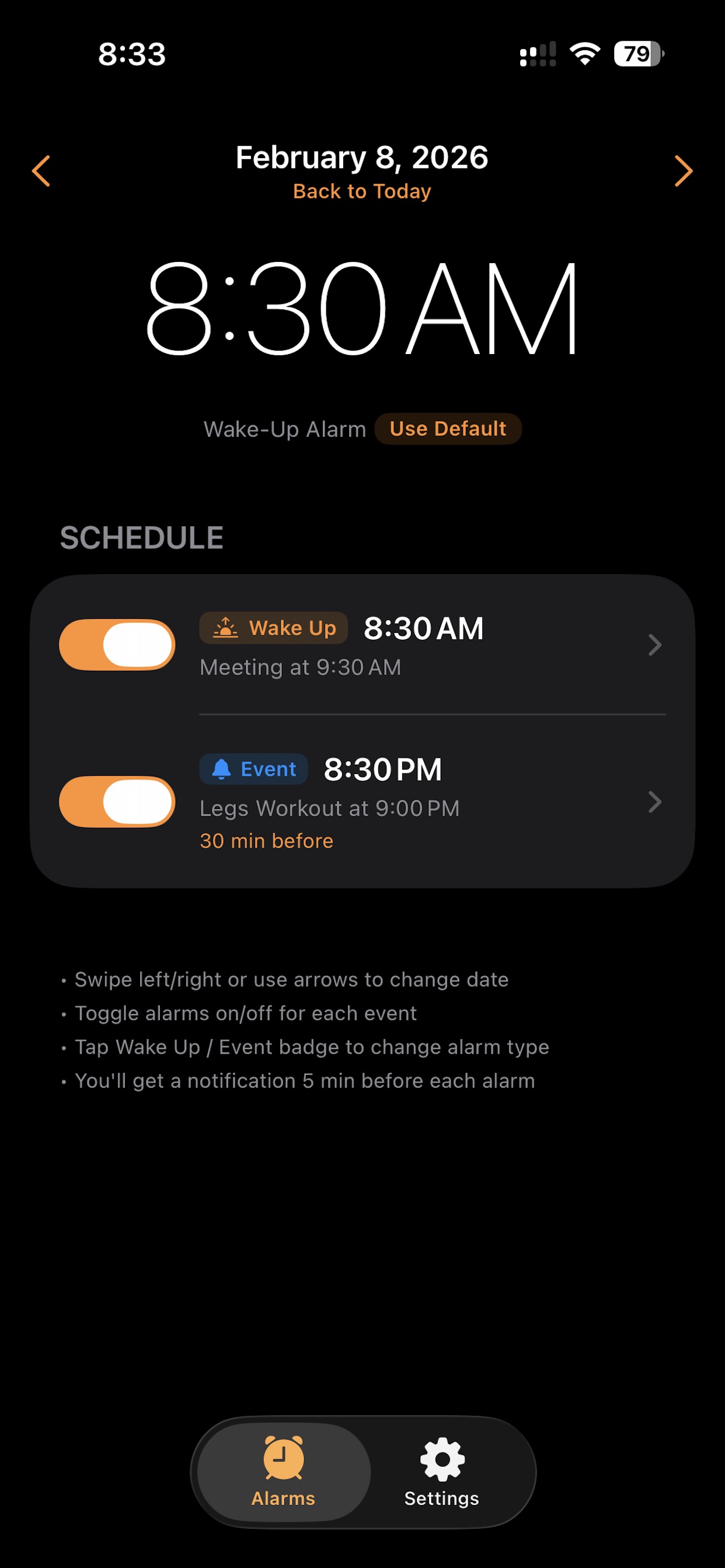 Wake up alarm before first meeting